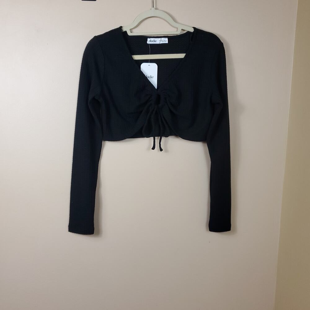 Elodie Women’s Black Waffle Knit Tie Front Long Sleeve Crop Top Size M